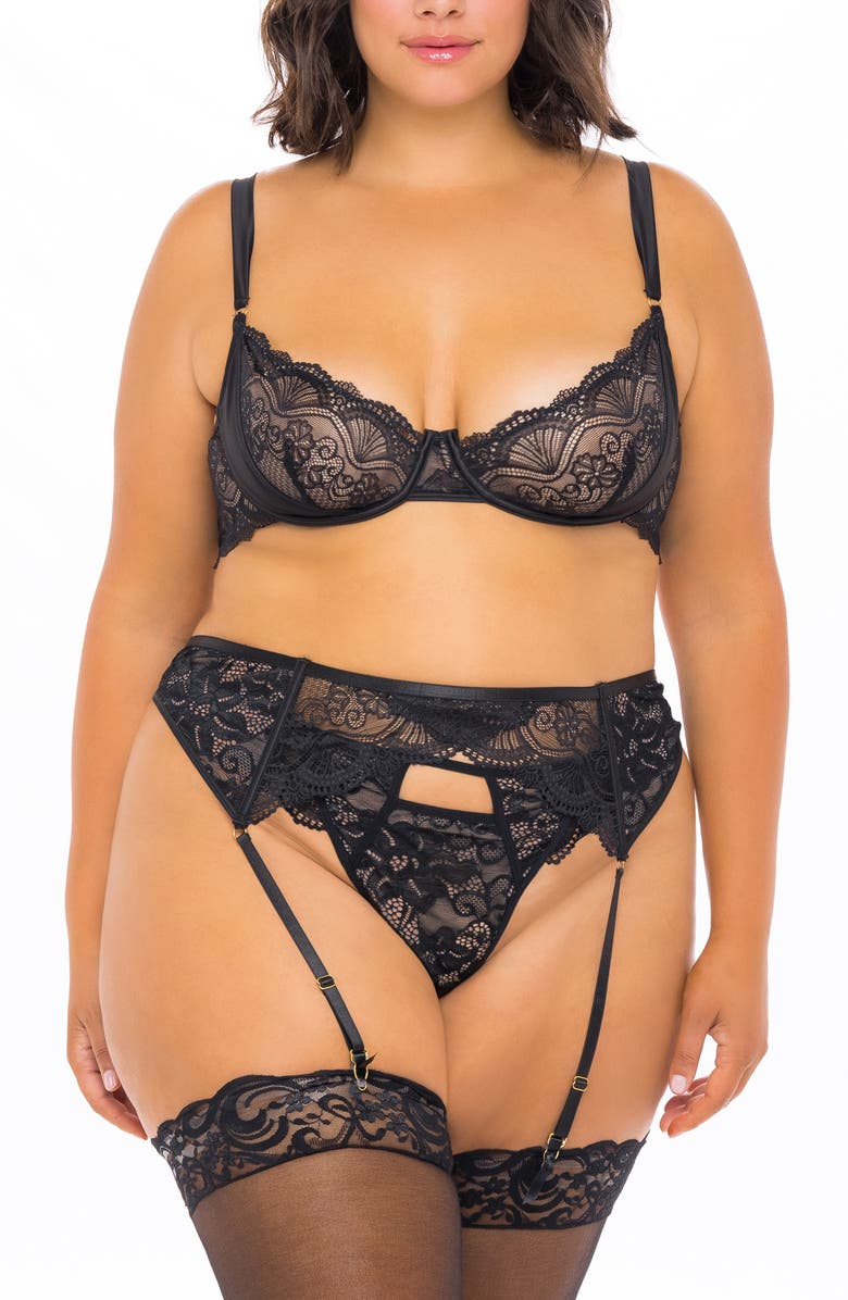 Oh La La Cheri Lace Underwire Bra, G-String & Garter Belt Set, Main, color, Black