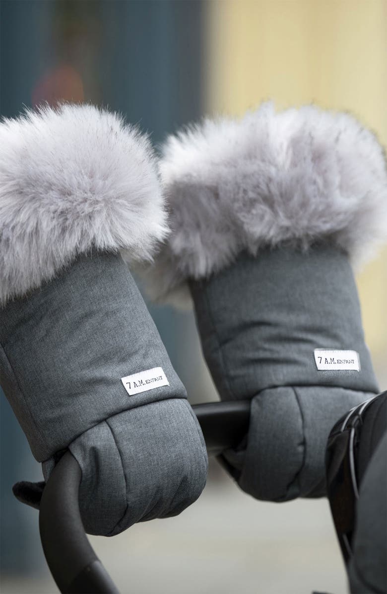 7 A.M. Enfant Tundra Faux Fur Trim Water Repellent Hand Warmer Stroller Muffs, Alternate, color, Dark Heather Grey Faux Fur