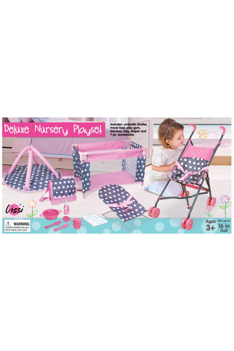 Deluxe Doll Nursery 12 Piece Set, Pink Blue Polka Dot, Fits Up To 16 Inches, Alternate, color, Multicolored