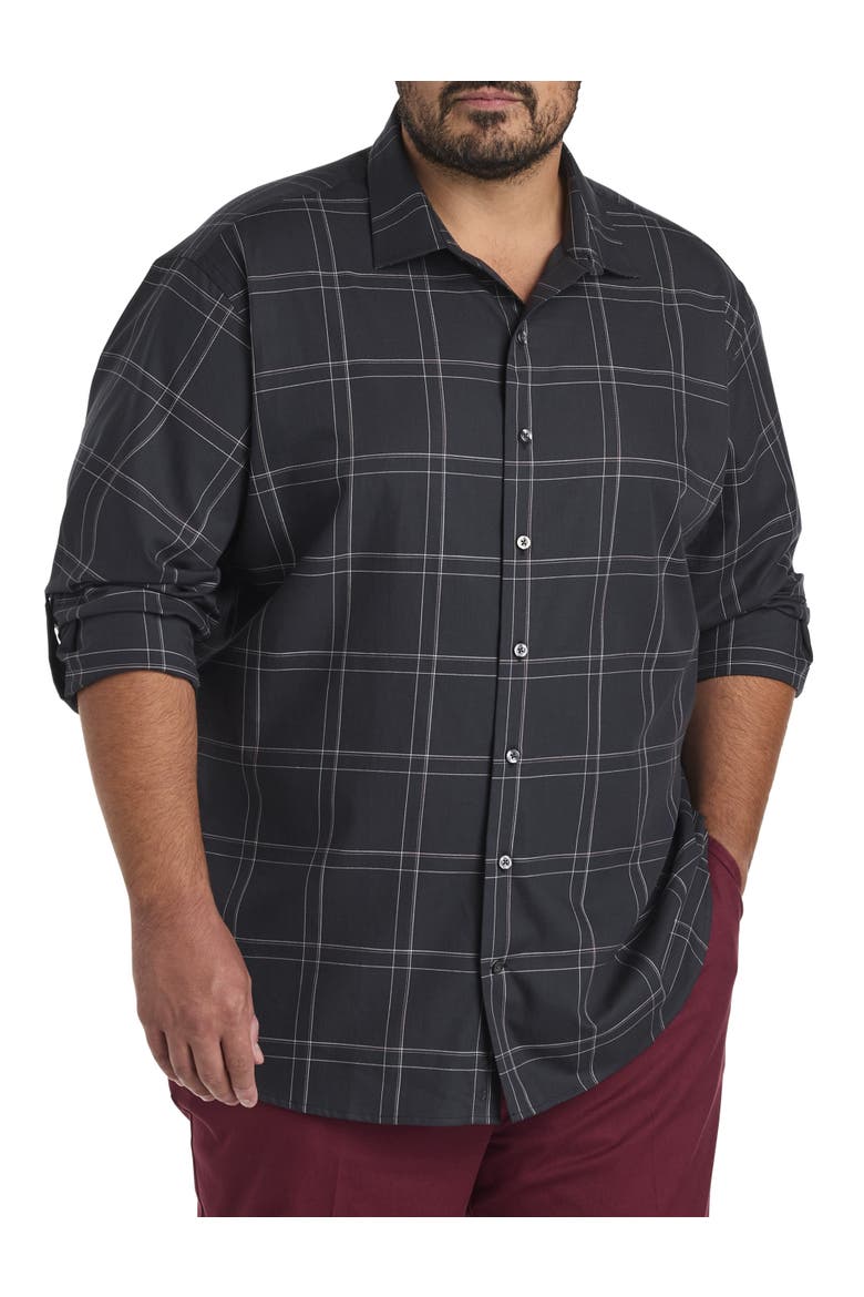 Big & Tall Large Plaid Roll-Tab Sport Shirt, Main, color, BLACK