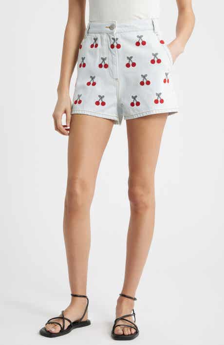 Cherry Embroidered High Waist Denim Shorts