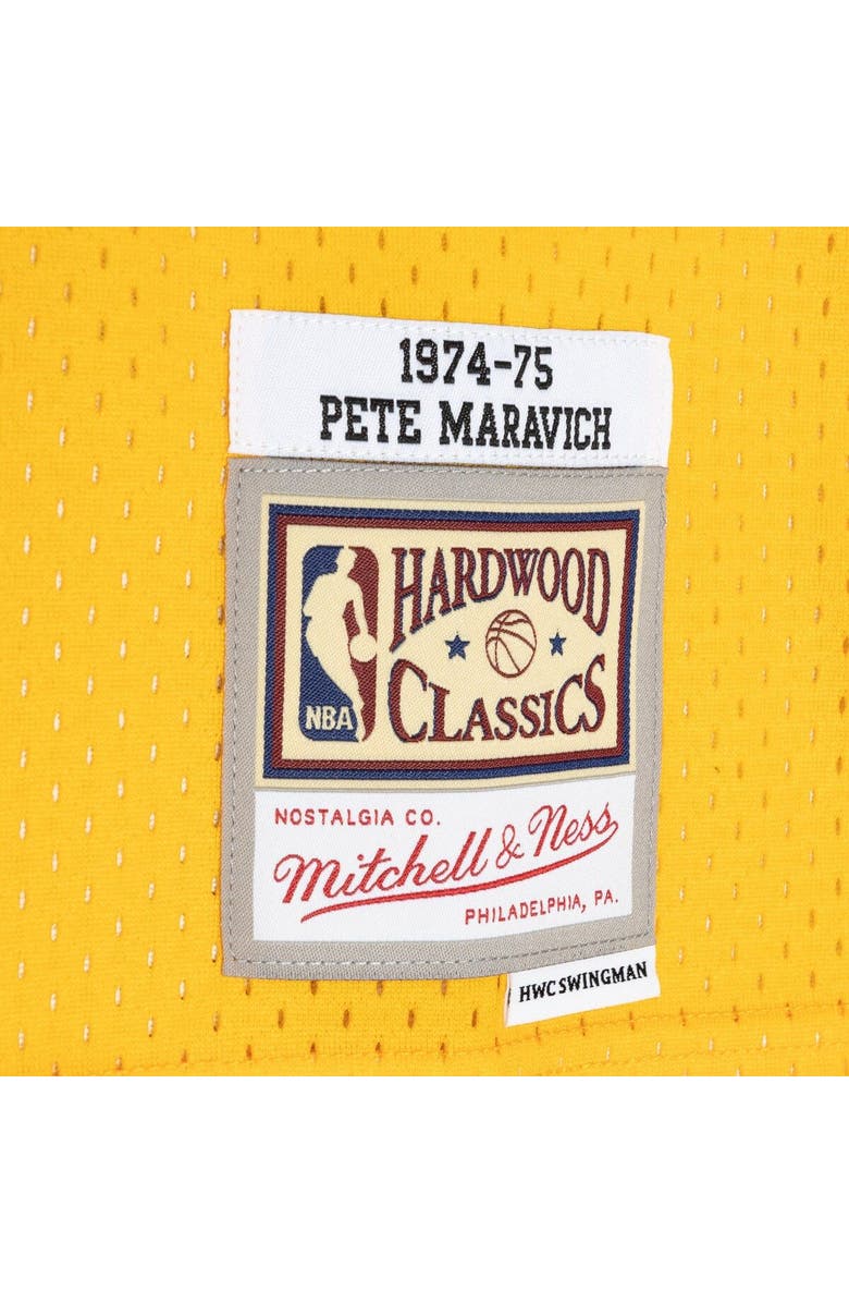 Mitchell & Ness Men's Mitchell & Ness Pete Maravich Purple/Yellow New Orleans Jazz Hardwood Classics 1974/75 Split Swingman Jersey, Alternate, color, 