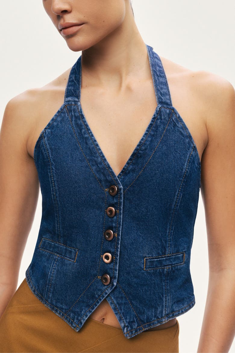 Halter Neck Denim Vest, Alternate, color, Navy Blue