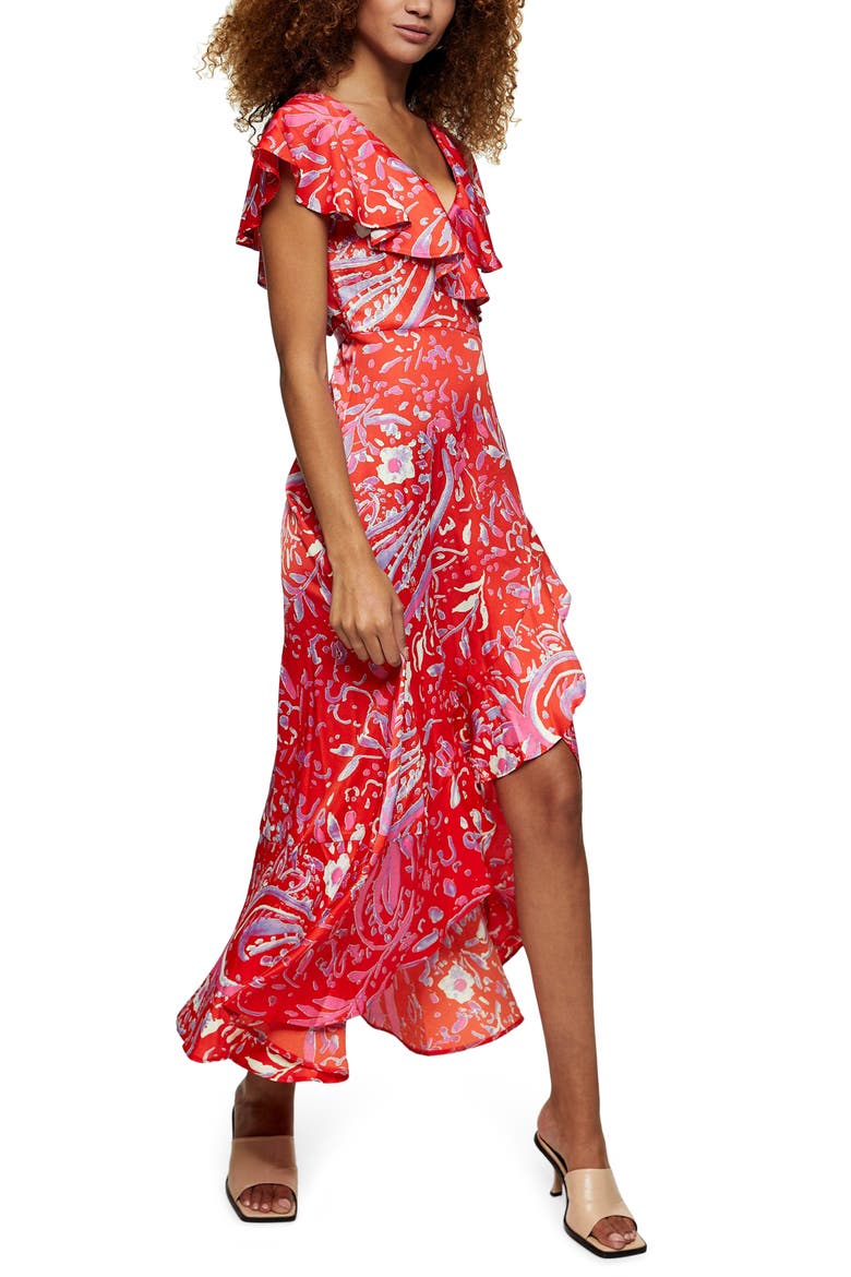 Satin Ruffle Wrap High/Low Dress, Alternate, color, RED MULTI