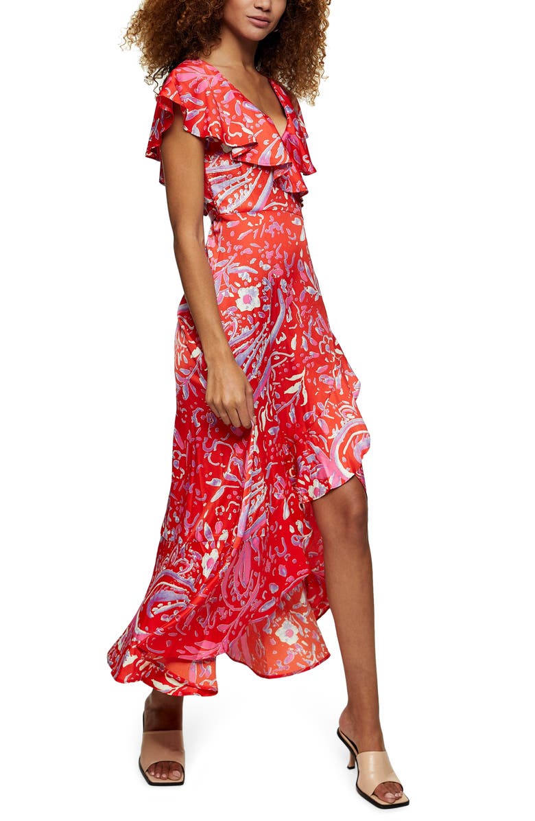 Topshop Satin Ruffle Wrap High/Low Dress, Alternate, color, 