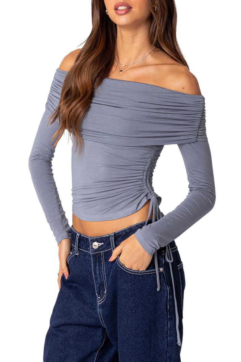 Gathered Off the Shoulder Top, Alternate, color, BLUE