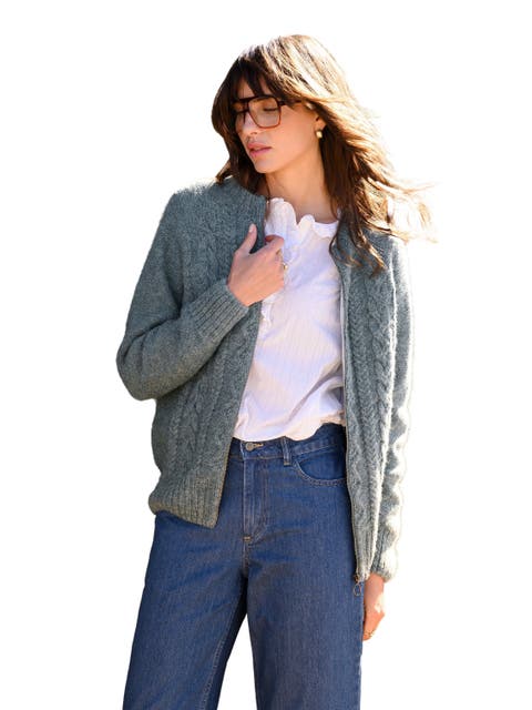 Wool Zip Cardigan with Cable Knit