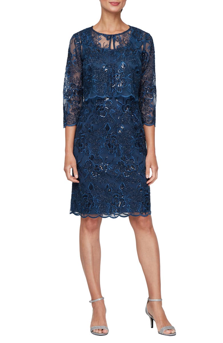 Alex Evenings Sequin Embroidered Sheath Dress with Jacket, Main, color, Navy
