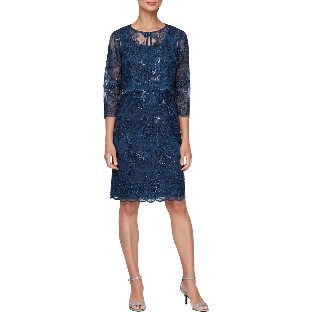Alex Evenings Sequin Embroidered Sheath Dress With Jacket In Navy