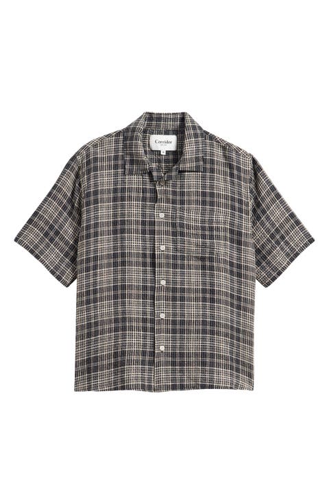 Plaid Seersucker Short Sleeve Button-Up Shirt