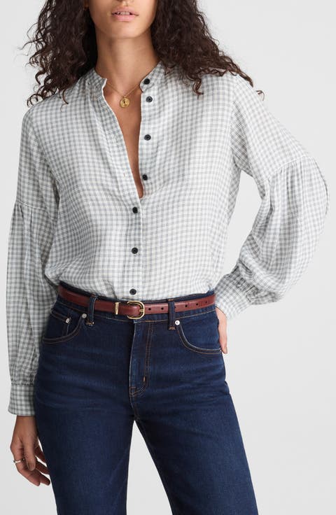 Band Collar Flannel Button-Up Shirt