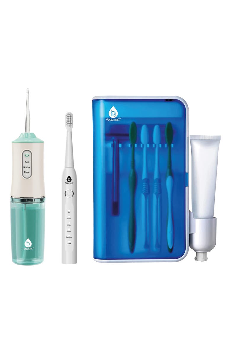 PURSONIC Complete Oral Care Bundle USB Rechargeable Sonic Toothbrush, Water Flosser & UV Toothbrush Sanitizer, Main, color, White