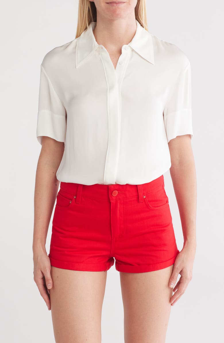 Alice + Olivia Brady Oversize Short Sleeve Button-Up Shirt, Main, color, 