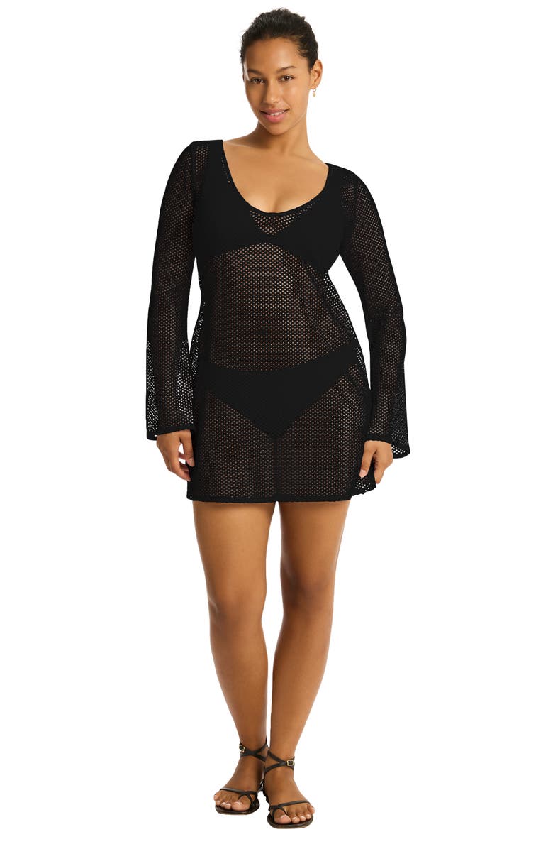 Sea Level Surf Long Sleeve Sheer Mesh Cover-Up Minidress, Alternate, color, Black