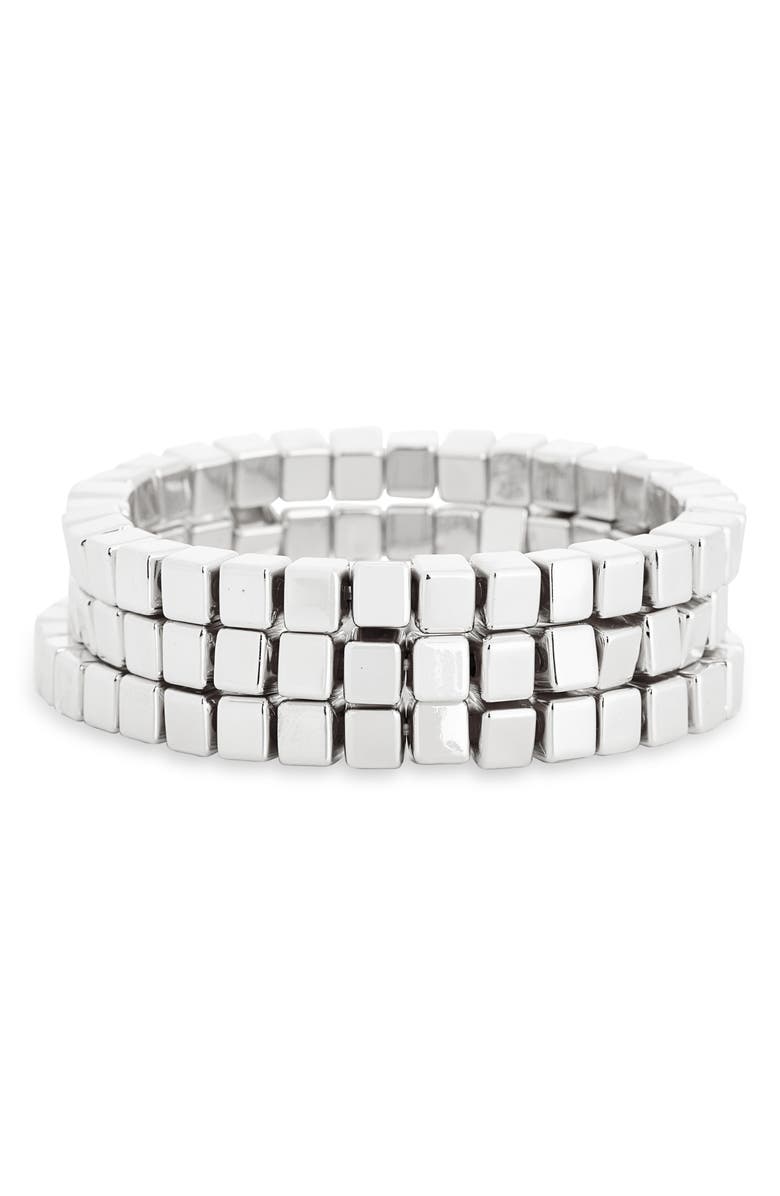 Leith 3-Pack Beaded Stretch Bracelets, Main, color, Silver