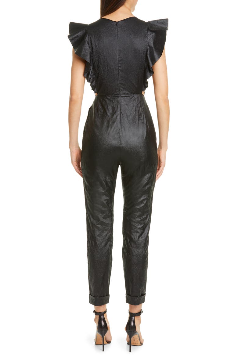 Flounce Laminated Cotton Jumpsuit, Alternate, color, BLACK