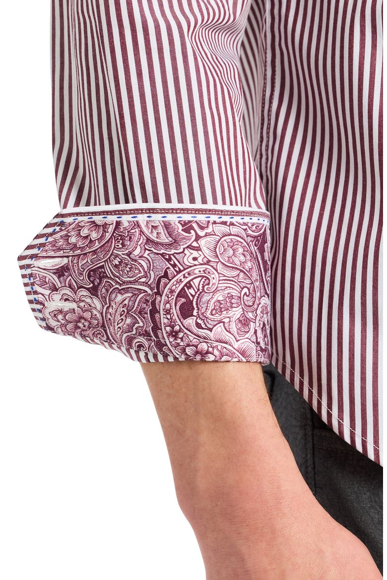 Greenwich Stripe Stretch Button-Up Shirt, Alternate, color, BURGUNDY