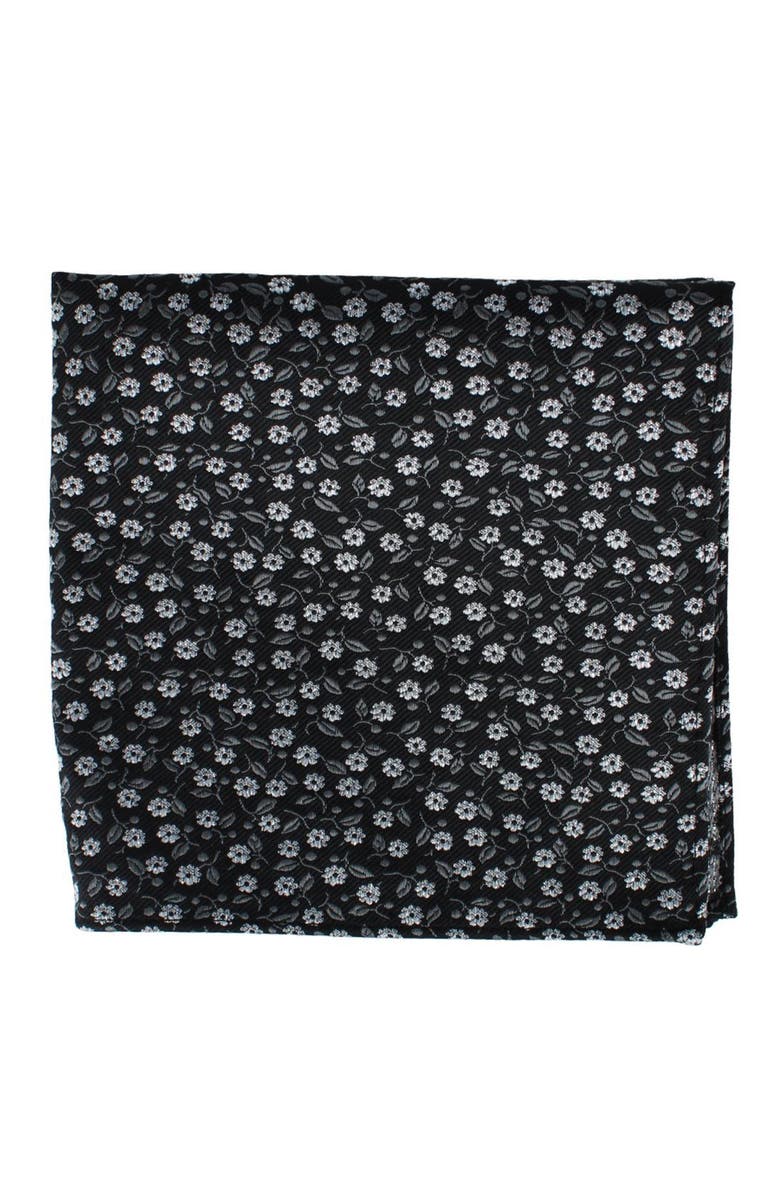 Ascentix Metallic Flowers and Leaves Pocket Square, Alternate, color, Black
