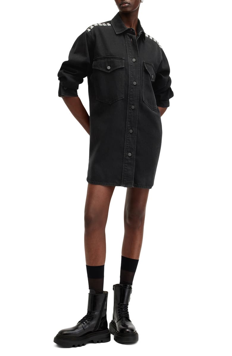 AllSaints Lily Denim Studded Long Sleeve Shirtdress, Main, color, Black