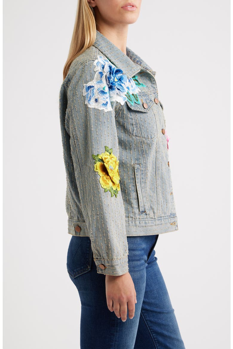 Blossom Embroidered Floral Appliqué Denim Trucker Jacket, Alternate, color, LIGHT BLUE