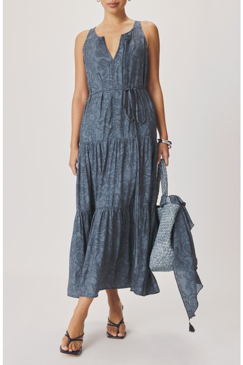 Iris Paisley Print Tiered Maxi Dress, Main, color, MOOD INDIGO BLUE