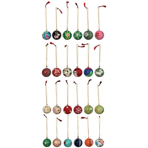 Round Hand-Painted Paper Mache Ball Ornaments in Egg Crate, Set of 24