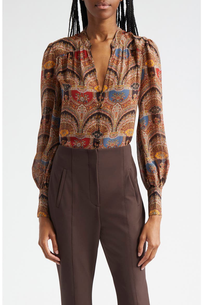 Esmeralda Print Silk Top, Main, color, DARK CHOCOLATE MULTI
