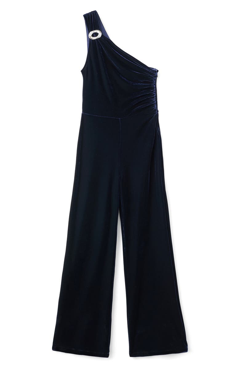 MANGO One-Shoulder Velvet Jumpsuit, Main, color, Navy