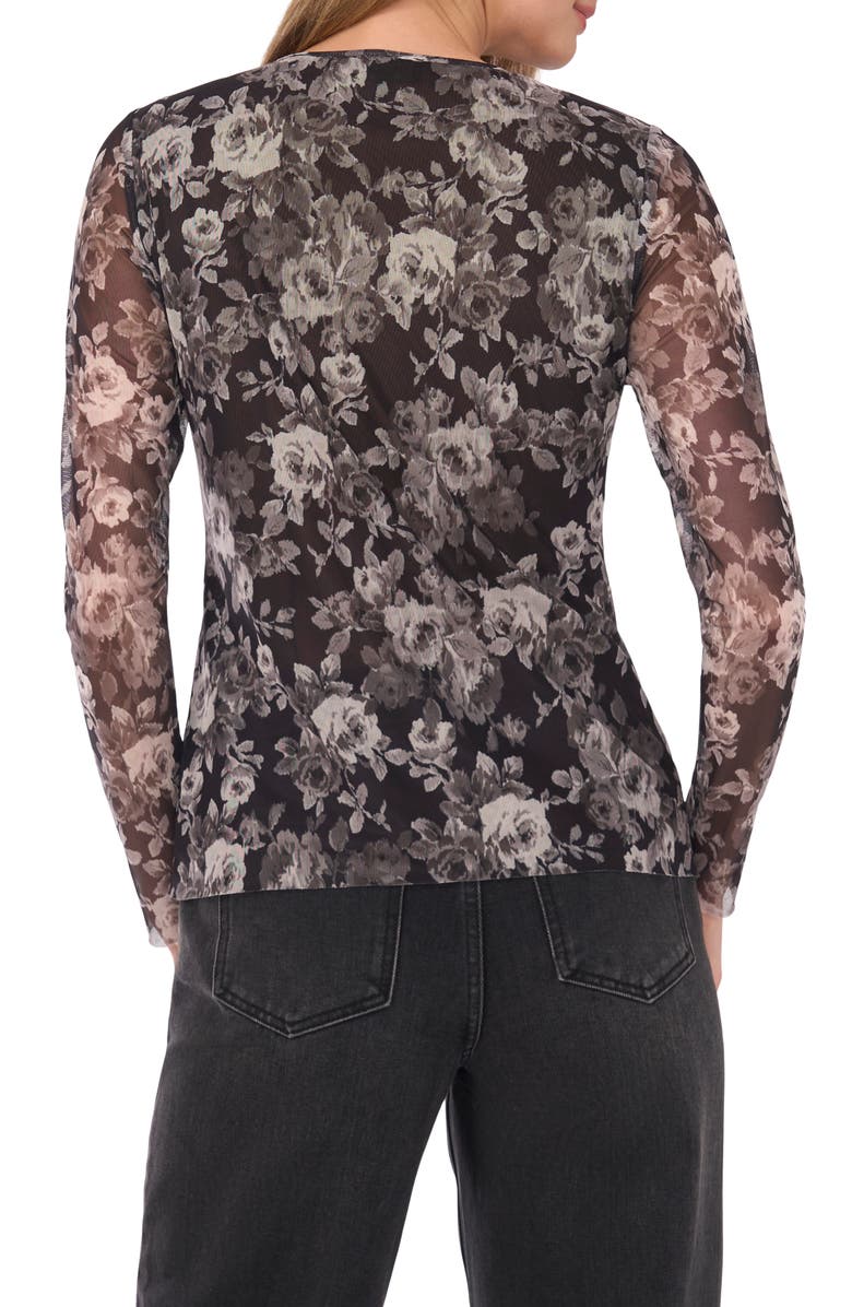 Ted Baker Floral Long Sleeve Mesh Top, Alternate, color, Rich Black