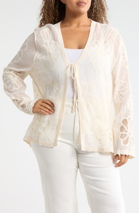 Floral Embroidered Tie Front Cardigan (Plus)