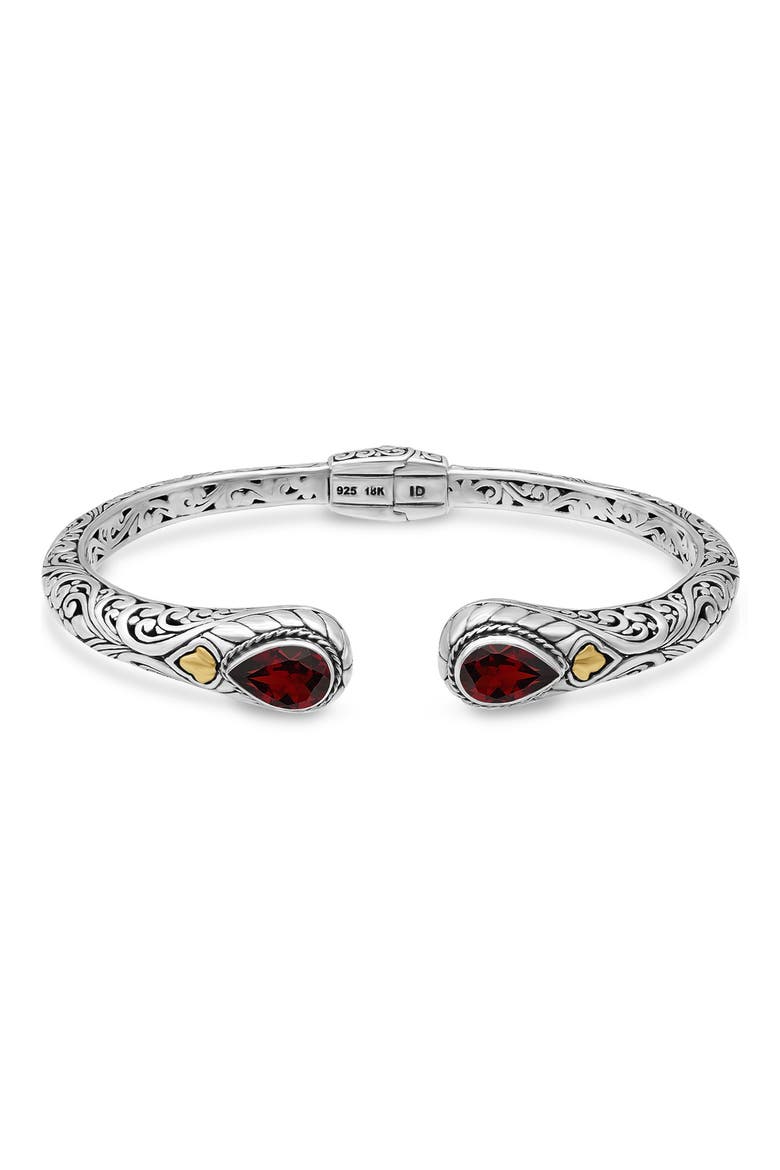 18K Gold & Sterling Silver Garnet Bali Filigree Hinge Cuff Bracelet, Main, color, SILVER-GOLD-RED