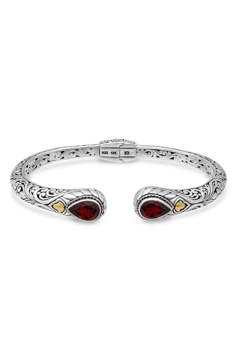 DEVATA 18K Gold & Sterling Silver Garnet Bali Filigree Hinge Cuff Bracelet, Main, color, 