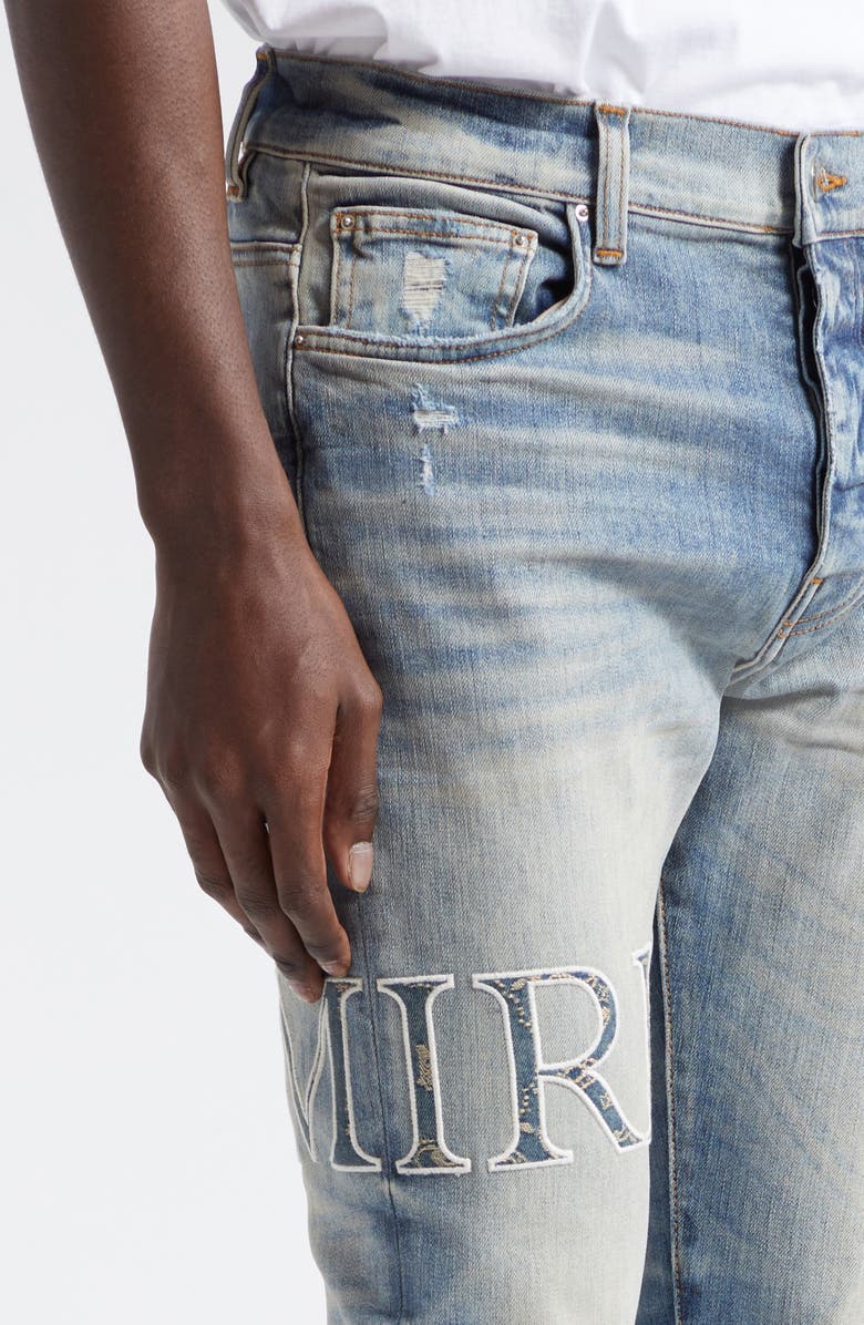AMIRI Bandana Core Logo Distressed Stretch Denim Jeans, Alternate, color, 