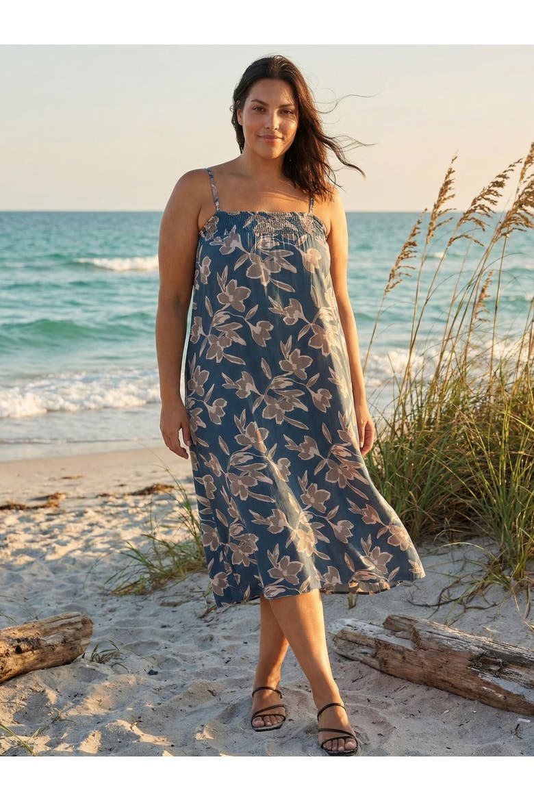 Curvy Essential Floral Print Spaghetti Strap Smocked Pocket A-Line Maxi Dress, Alternate, color, Blue Multi