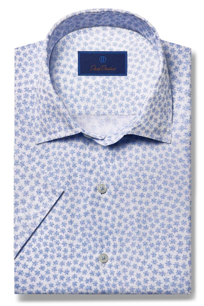 Starfish Print Short Sleeve Linen & Cotton Button-Up Shirt, Main, color, WHITE/ BLUE