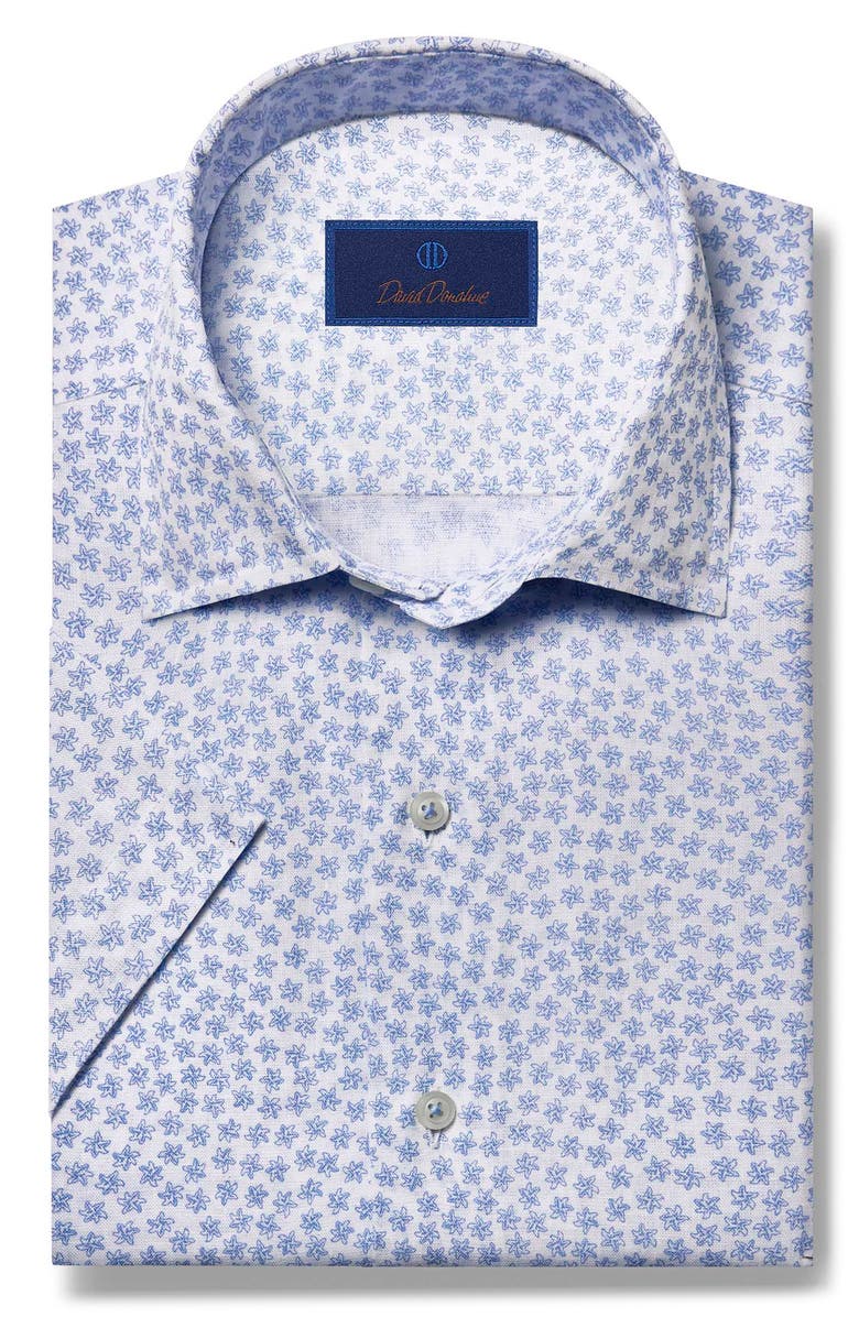 David Donahue Starfish Print Short Sleeve Linen & Cotton Button-Up Shirt, Main, color, White/ Blue