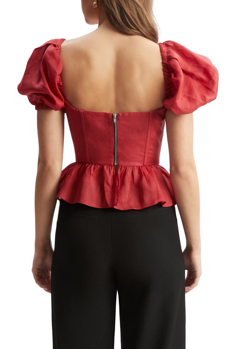 Esra Puff Sleeve Ramie Corset Top, Alternate, color, FIRE RED