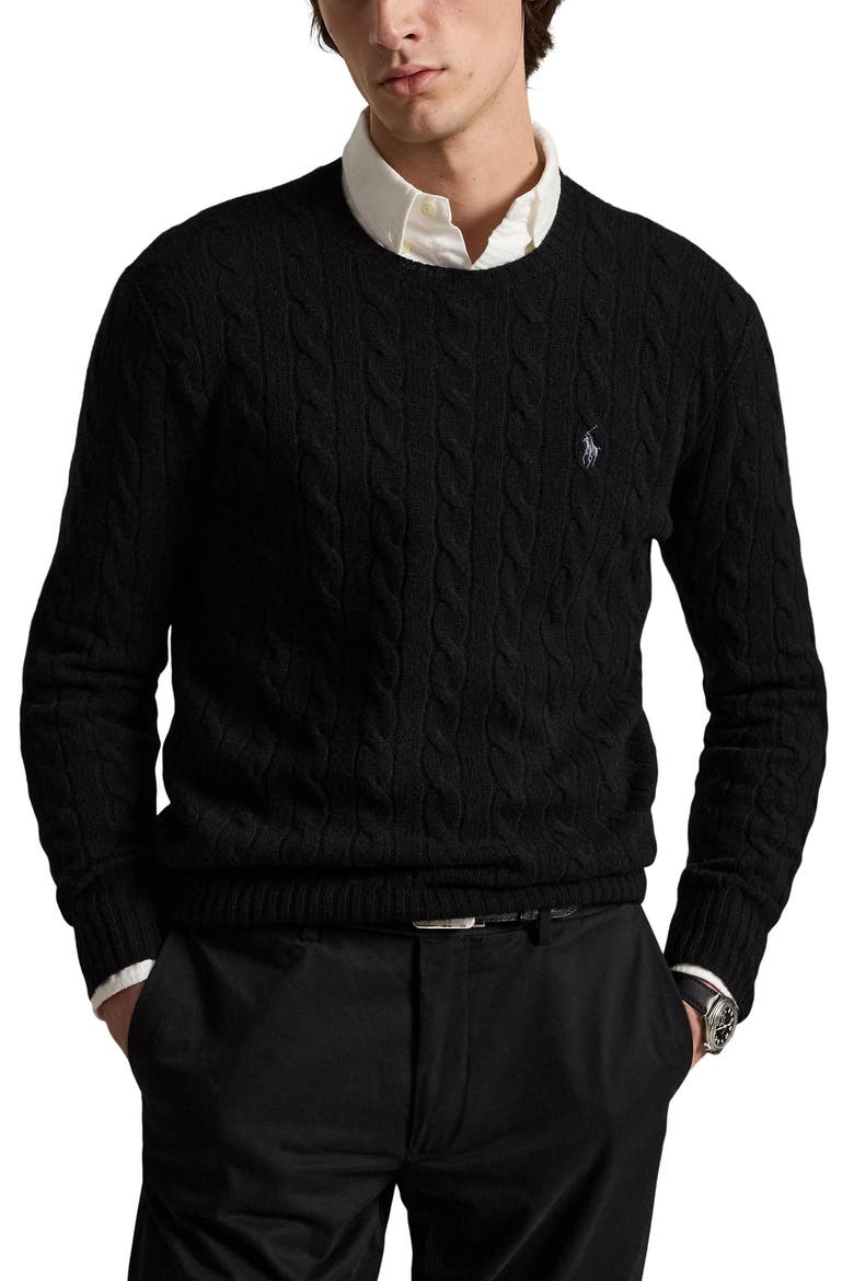 Wool & Cashmere Cable-Knit Sweater, Main, color, BLACK