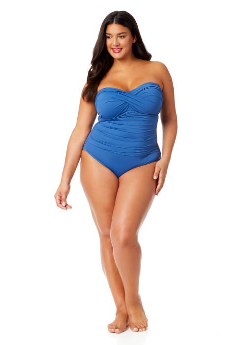 Anne Cole Plus Plus Palm Chic Twist Front Shirred One Piece Swimsuit In Slate Blue