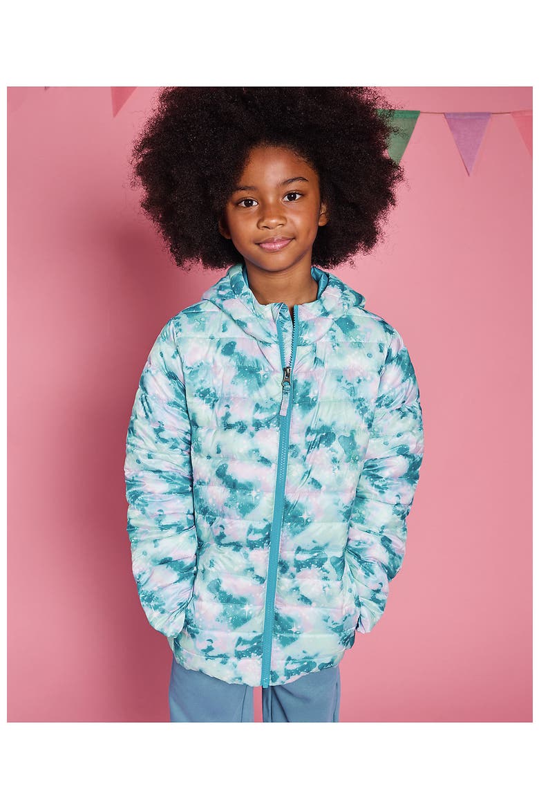Kids ThermoPlume Packable Hooded Jacket, Main, color, Aqua Glitter