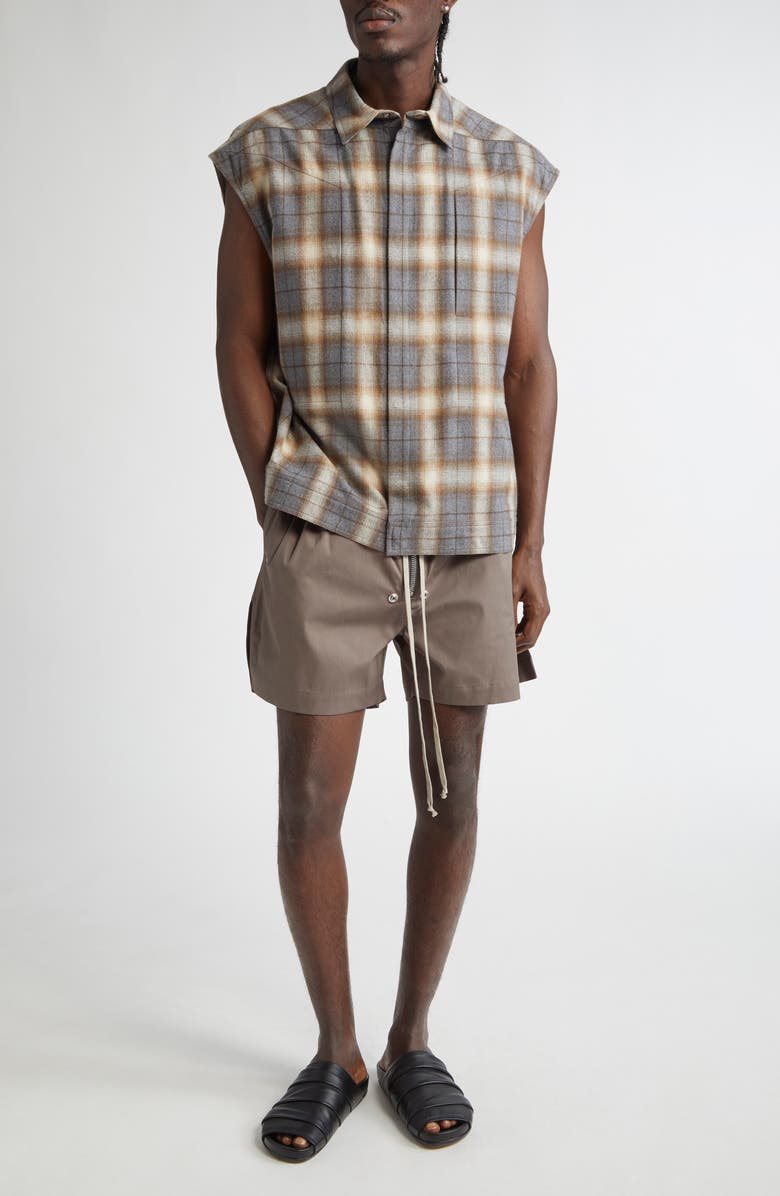 Rick Owens Hollywood Grey Plaid Cotton Flannel Sleeveless Button-Up Shirt, Alternate, color, 