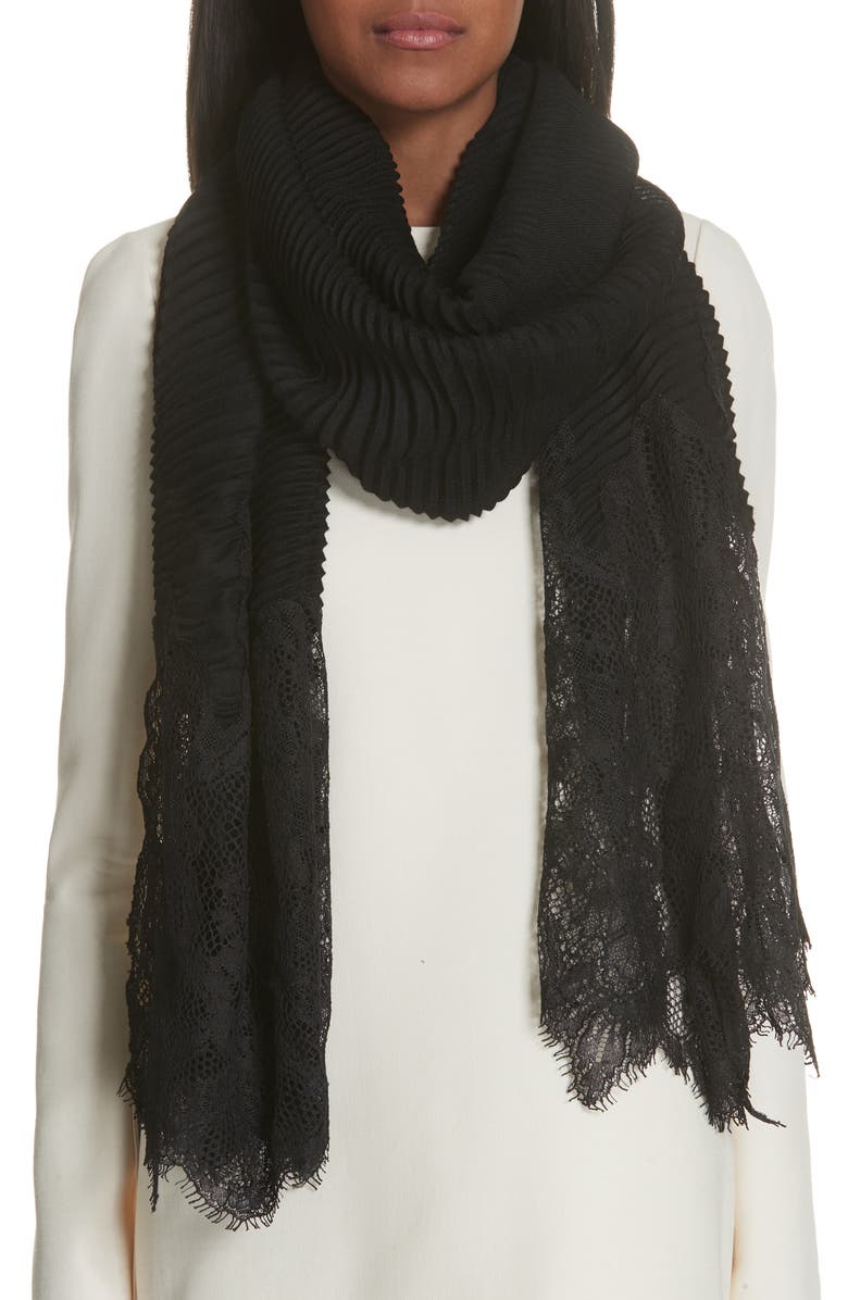 Valentino Garavani Plissé Pleated Lace Trim Scarf, Alternate, color,