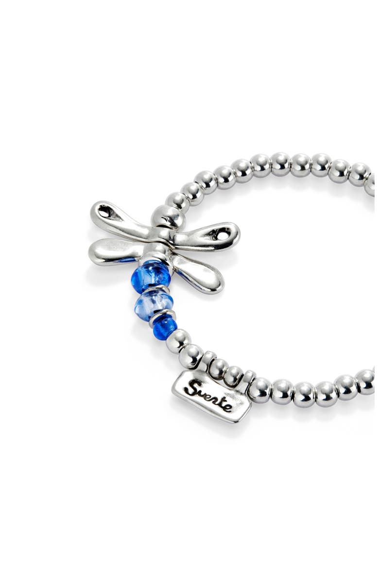 Elastic Bracelet with Sterling Silver Plated Dragonfly with Blue Crystals, Alternate, color, Silver