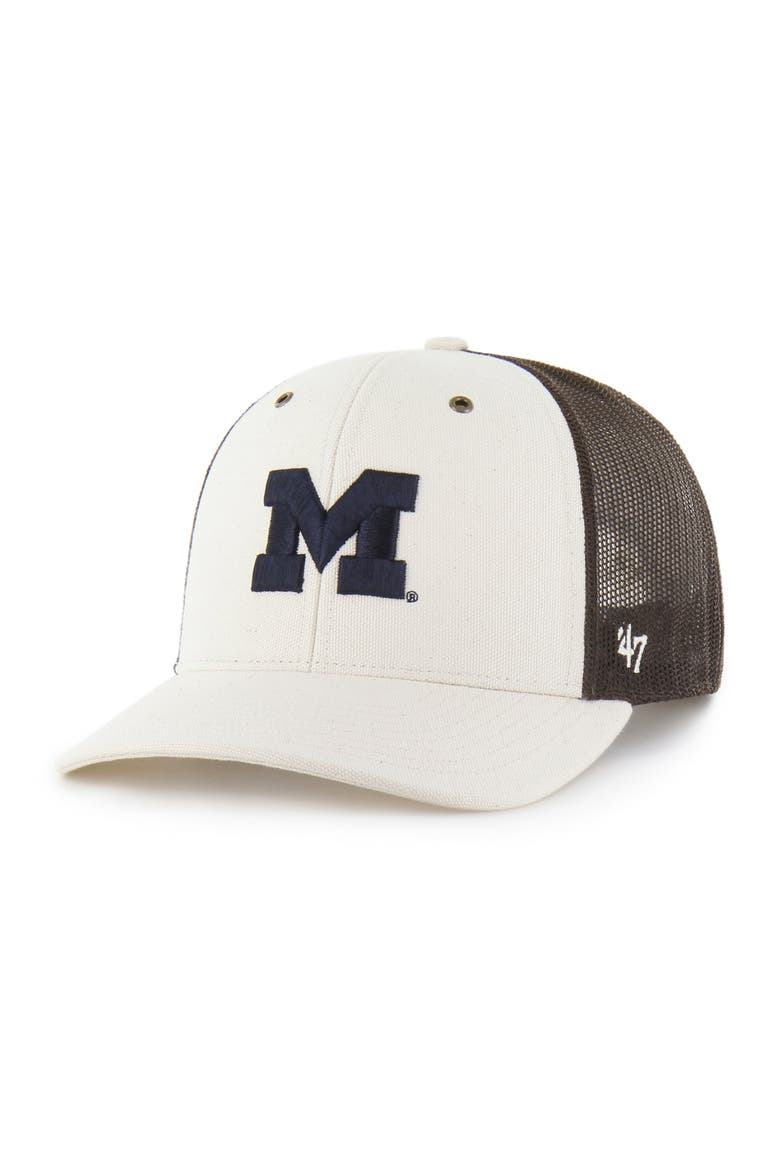 Men's Carhartt x '47 Natural/Brown Michigan Wolverines Undyed Trucker Adjustable Hat, Main, color, Natural