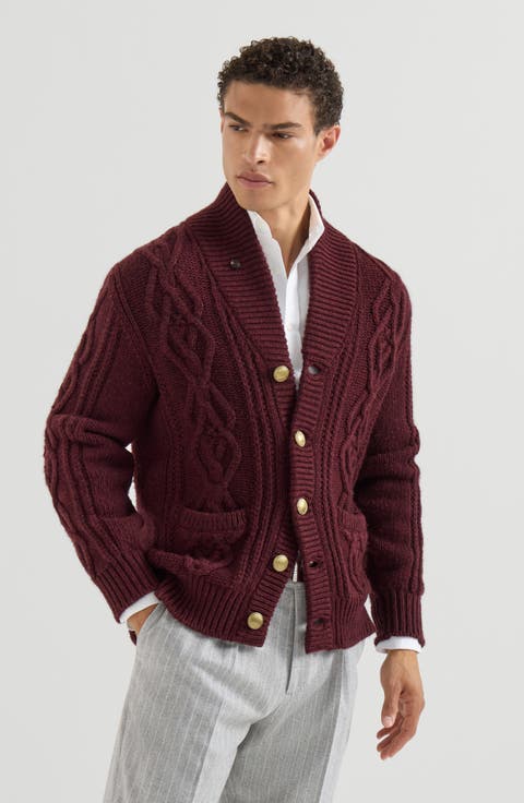 Cashmere Feather yarn cable knit cardigan with metal buttons