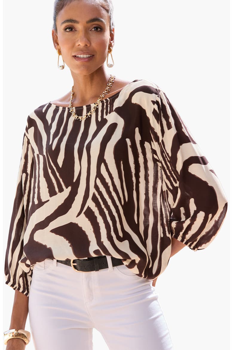 Boat Neck Balloon Sleeve Blouse, Main, color, Ivory & Brown