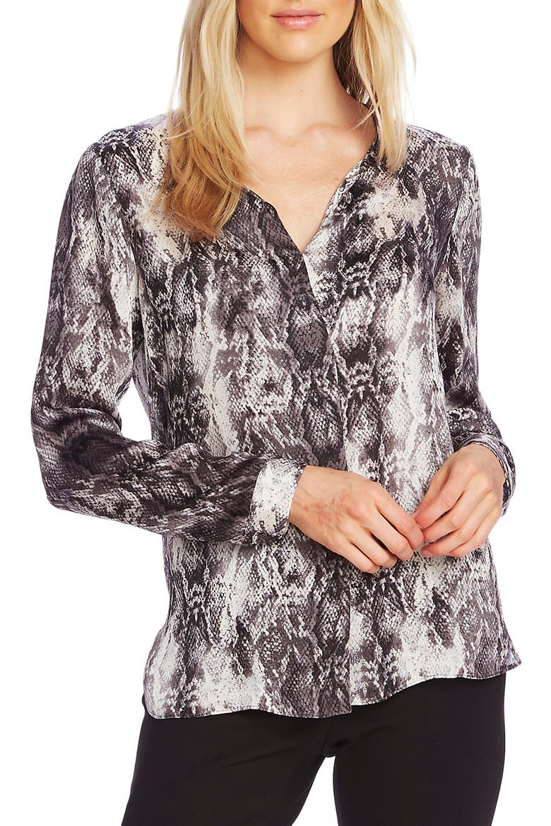 Snake Print Split Neck Blouse, Main, color, RICH BLACK