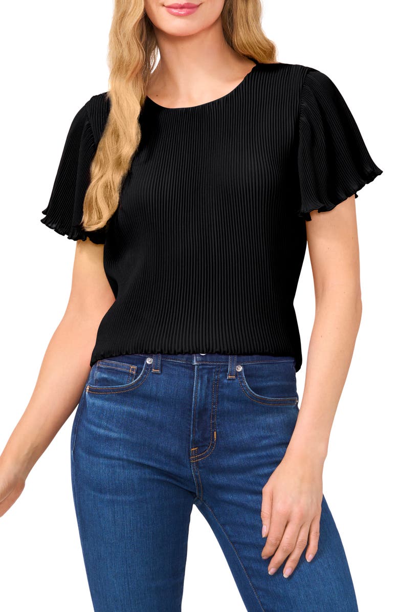 CeCe Flutter Sleeve Plissé Top, Main, color, Rich Black