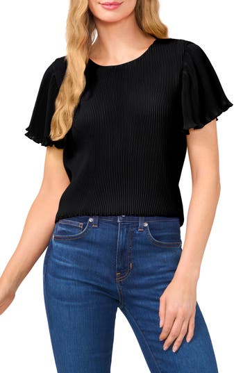 Cece Women's Pleated Round-neck Short-sleeve Top In Black
