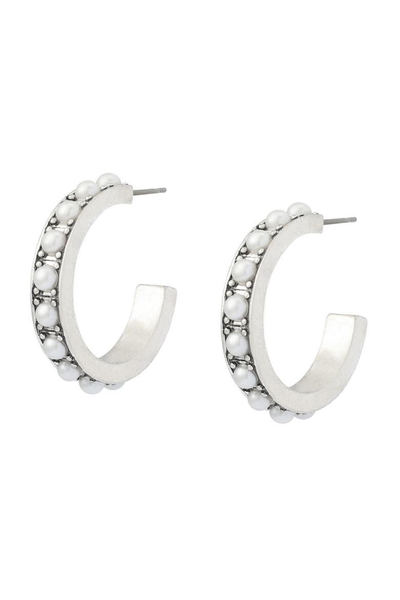 Imitation Pearl Hoop Earrings, Alternate, color, PEARL/ WARM SILVER